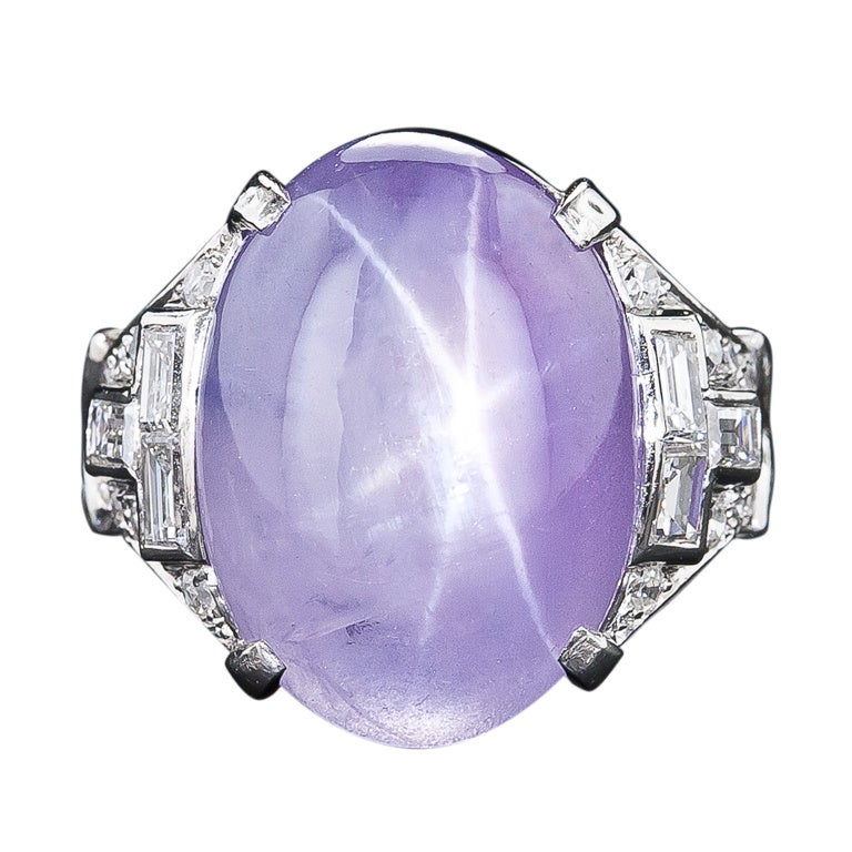 18.50 Carat Lavender Star Sapphire Art Deco Platinum Diamond Ring