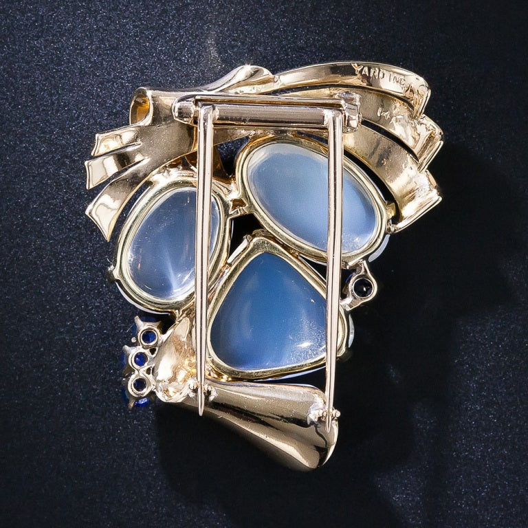 Raymond Yard Moonstone and Sapphire Earrings and Brooch In Excellent Condition In San Francisco, CA
