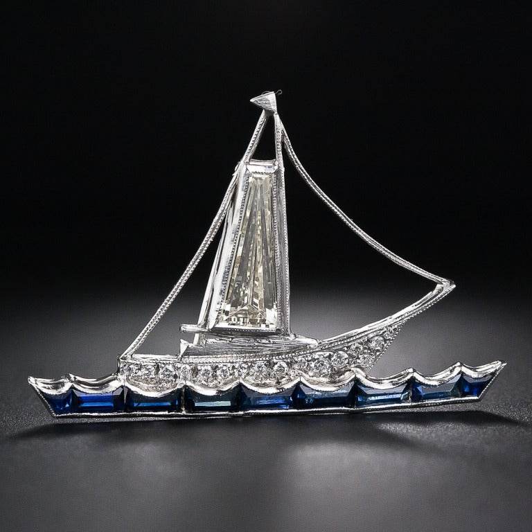 Diamond and Sapphire Sailboat Pin In Excellent Condition For Sale In San Francisco, CA