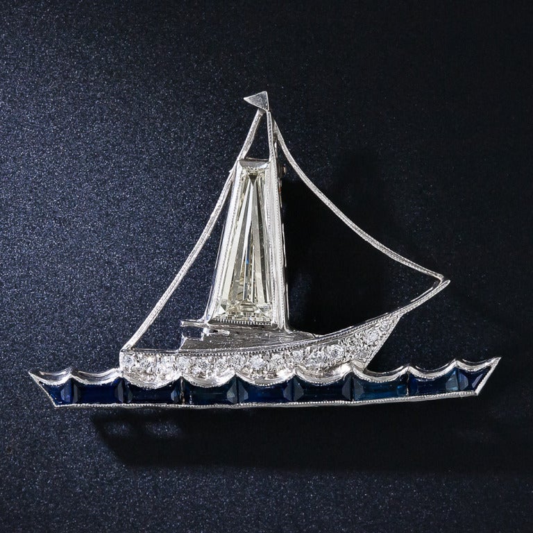 Women's Diamond and Sapphire Sailboat Pin For Sale