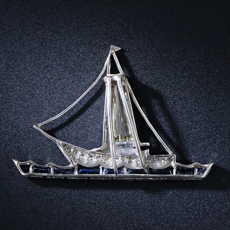 Diamond and Sapphire Sailboat Pin For Sale 1