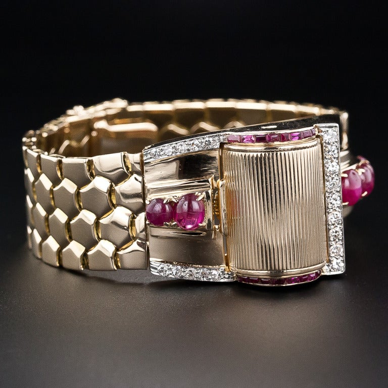 Women's Retro Ruby and Diamond Bracelet 'Driver's' Watch For Sale