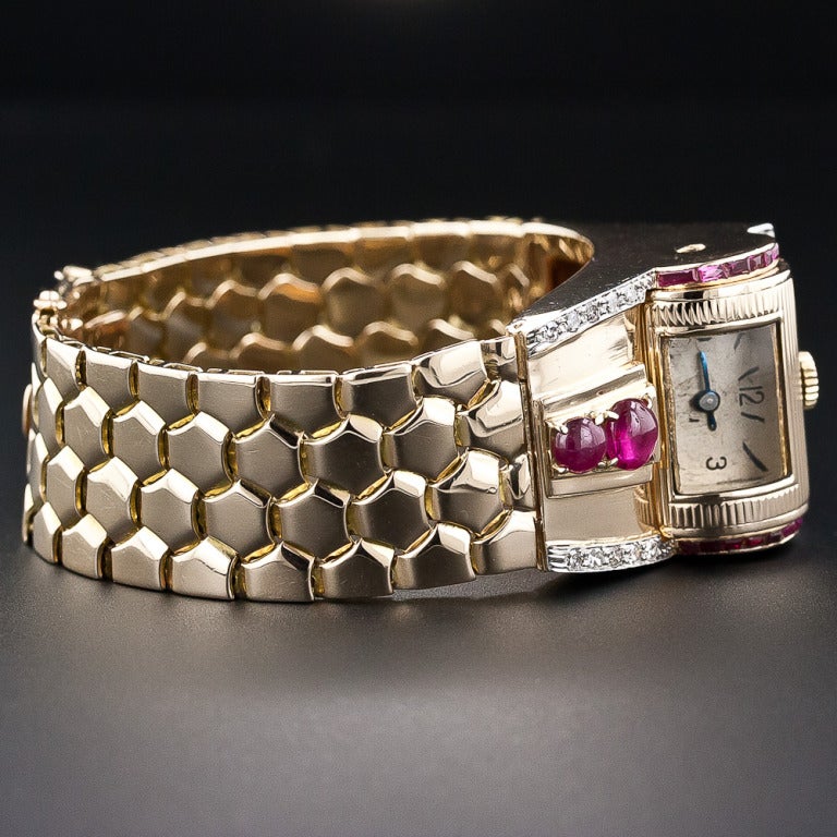 Retro Ruby and Diamond Bracelet 'Driver's' Watch For Sale 1