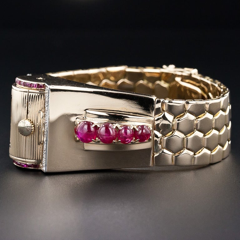 Retro Ruby and Diamond Bracelet 'Driver's' Watch For Sale 2