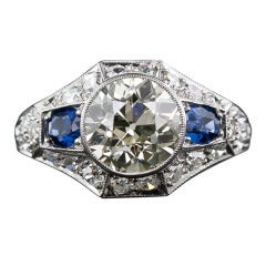 2.25 Carat Faint Yellow Diamond and Sapphire Art Deco Engagement