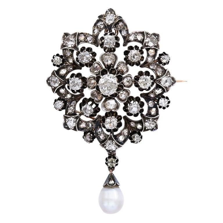 Early Victorian Diamond Brooch/Pendant with Natural Pearl Drop at 1stdibs