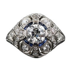 .93 Carat Diamond and Calibre Sapphire Art Deco Ring