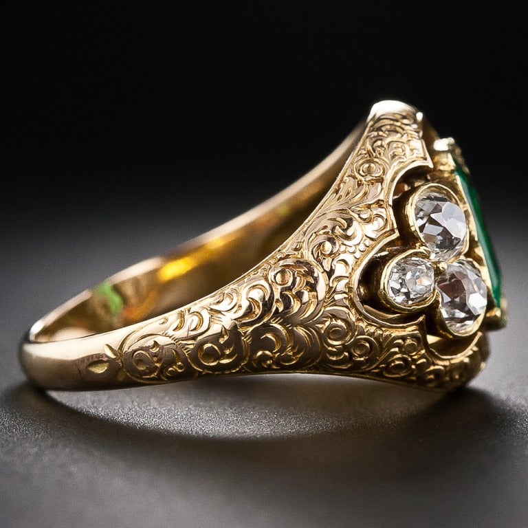 Victorian Antique Emerald and Mine-Cut Diamond Ring