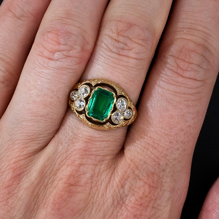Women's Antique Emerald and Mine-Cut Diamond Ring