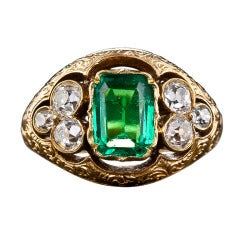 Antique Emerald and Mine-Cut Diamond Ring