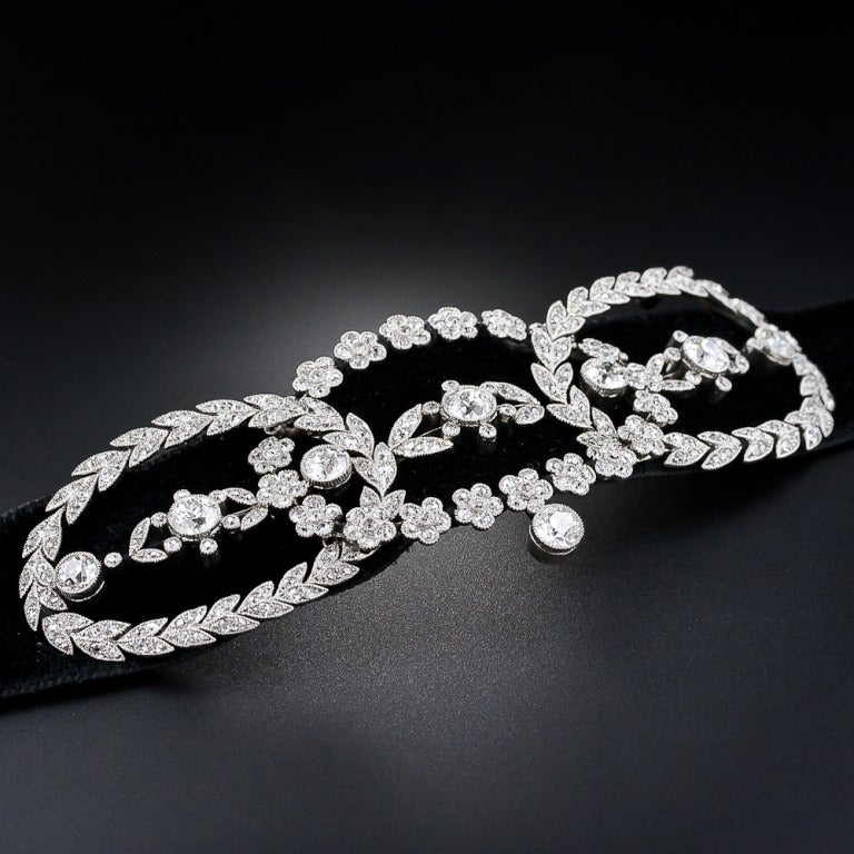 Women's Edwardian Platinum, Diamond Black Velvet Choker Necklace