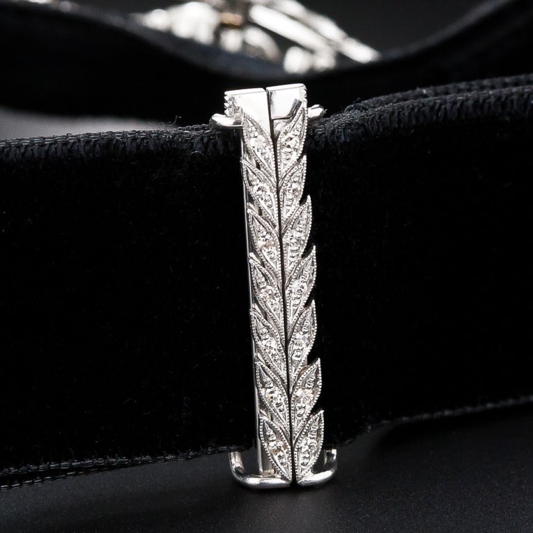 Edwardian Platinum, Diamond Black Velvet Choker Necklace 2