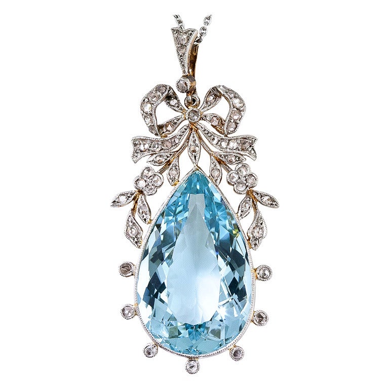 Edwardian Aquamarine and Diamond Bow Pendant For Sale