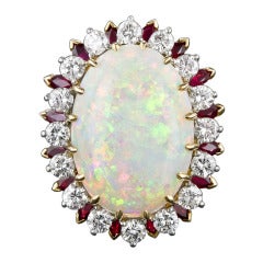 Retro 14.00 Carat Opal Ruby Diamond Gold Cocktail Ring