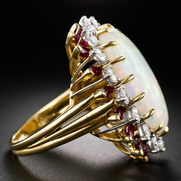 14.00 Carat Opal Ruby Diamond Gold Cocktail Ring In Excellent Condition In San Francisco, CA