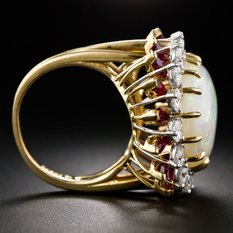 14.00 Carat Opal Ruby Diamond Gold Cocktail Ring 1