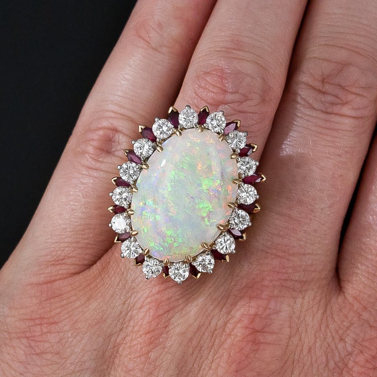 14.00 Carat Opal Ruby Diamond Gold Cocktail Ring 3