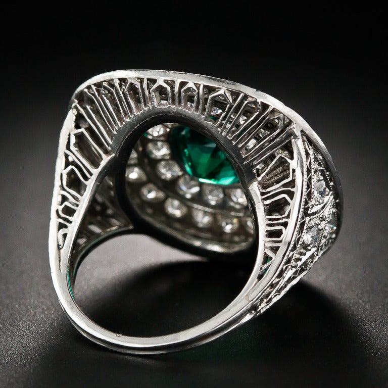 Women's Art Deco Emerald Diamond Platinum Ring