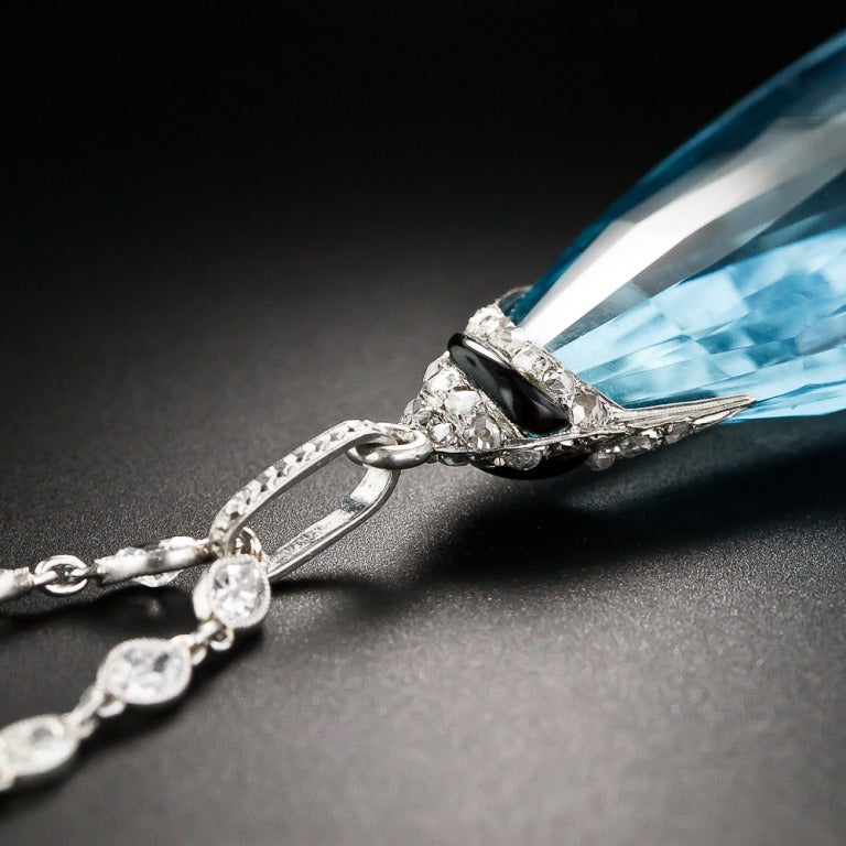 Briolette Aquamarine Art Deco Drop on Marquise Diamond Chain In Excellent Condition For Sale In San Francisco, CA
