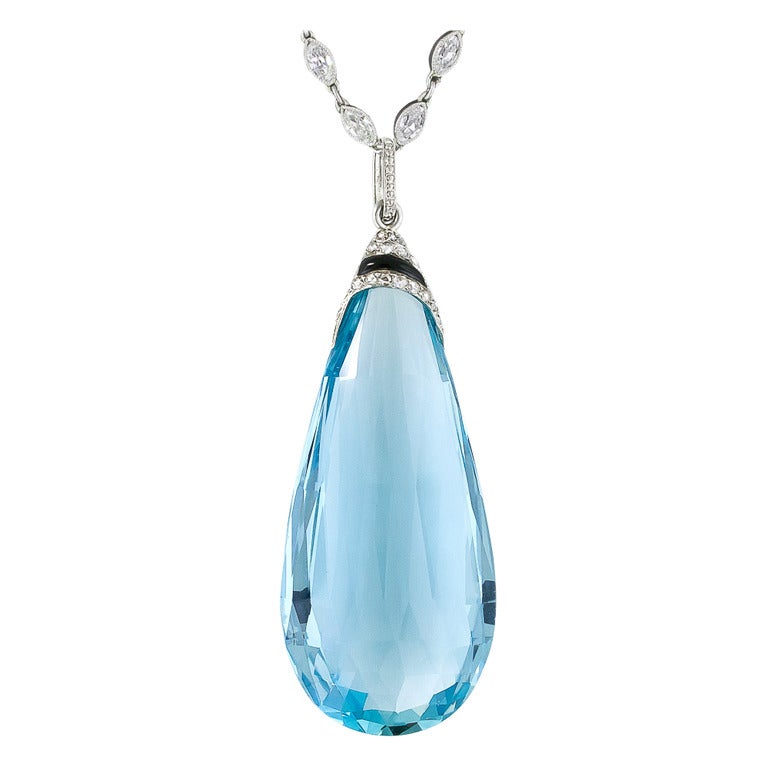 Briolette Aquamarine Art Deco Drop on Marquise Diamond Chain For Sale