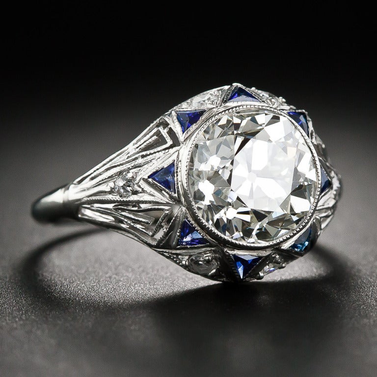 Calibre Sapphire Diamond Art Deco Ring In Good Condition For Sale In San Francisco, CA