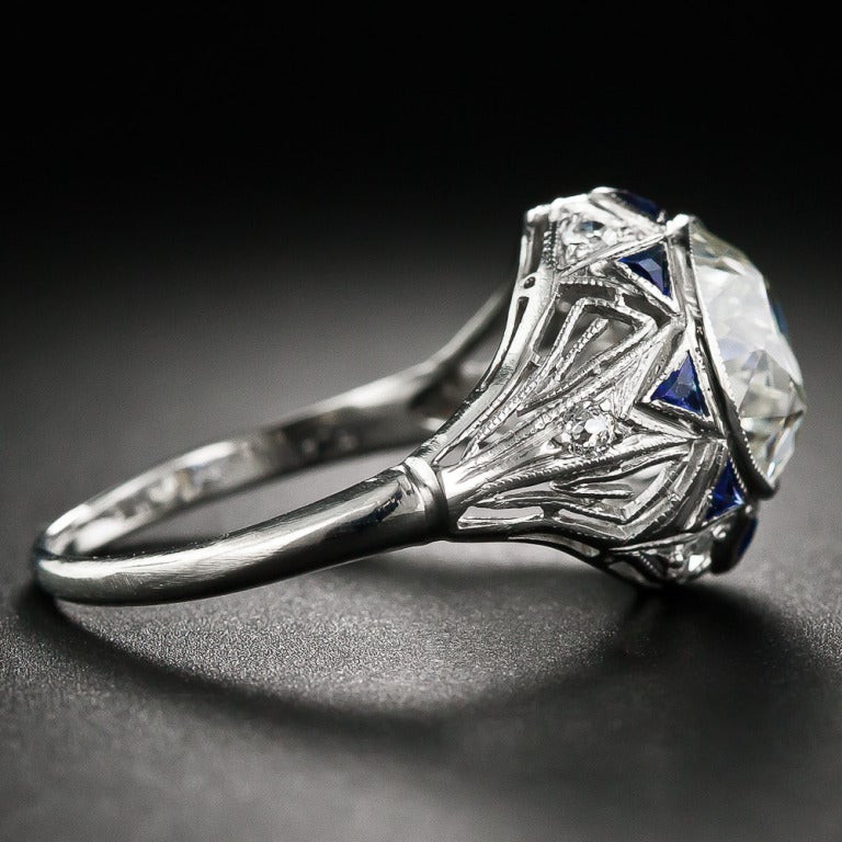 Women's Calibre Sapphire Diamond Art Deco Ring For Sale