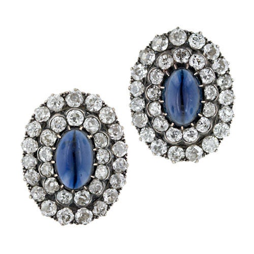 Antique Cabochon Sapphire and Diamond Earrings For Sale