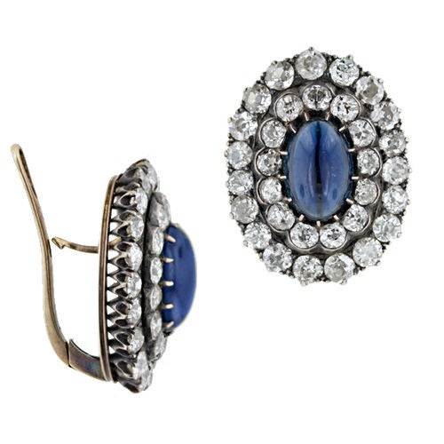 Antique Cabochon Sapphire and Diamond Earrings In Excellent Condition For Sale In San Francisco, CA