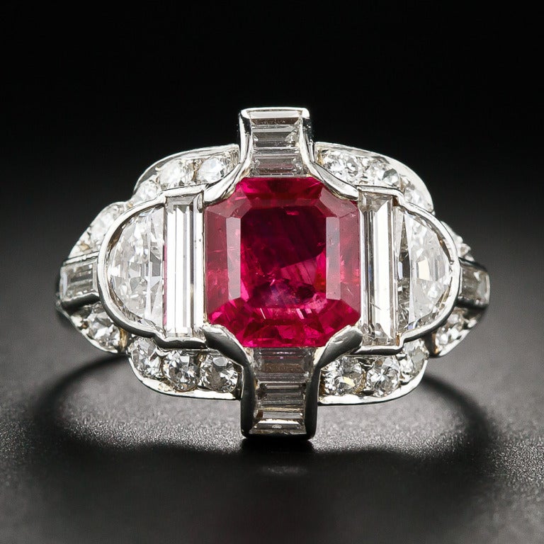 We hate to part with this amazingly gorgeous, original Art Deco ruby and diamond ring - (but that's what we do for a living). A luscious, electric candy apple-red, square emerald-cut ruby, accompanied by an GIA certificate stating: no-heat - Burma
