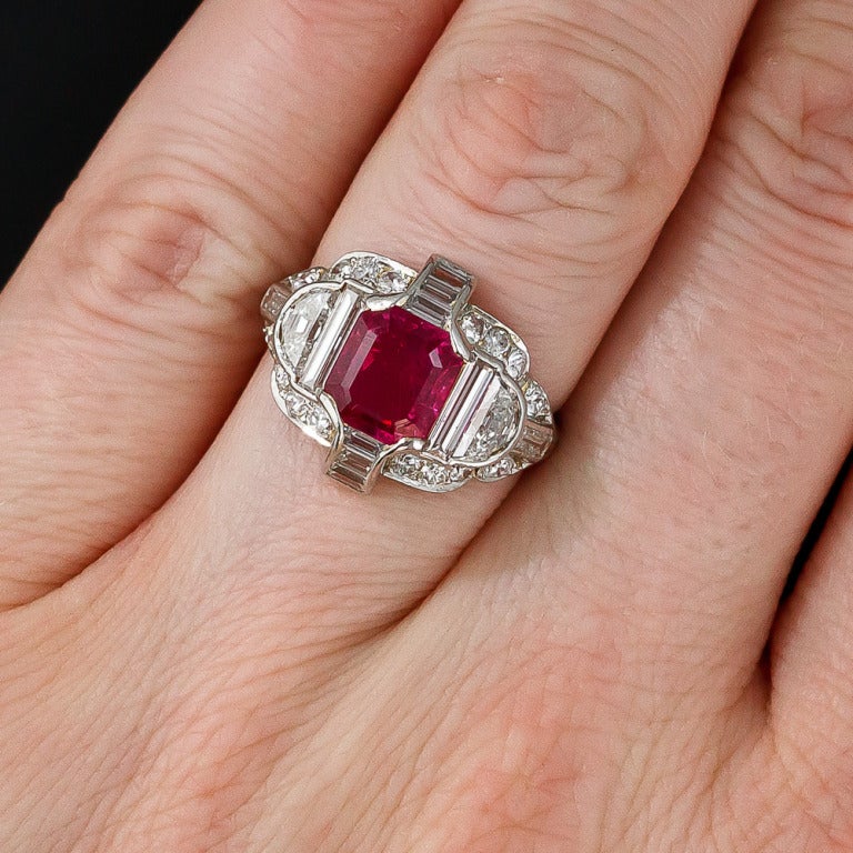 Exceptional Art Deco No-Heat Burma Ruby Diamond Platinum Ring 1