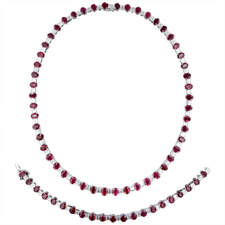 Ruby Diamond Platinum Necklace and Bracelet at 1stdibs