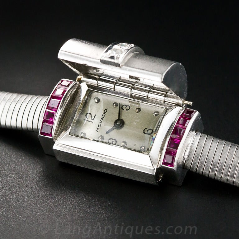 Movado Lady's Platinum, Ruby and Diamond Retro Bracelet Watch In Excellent Condition In San Francisco, CA