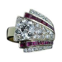 Deco-Retro Platinum Diamond and Ruby Ring