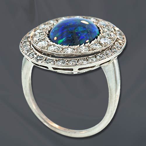 Edwardian Black Opal Diamond Platinum Ring In Excellent Condition In San Francisco, CA