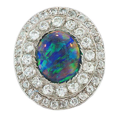 Edwardian Black Opal Diamond Platinum Ring