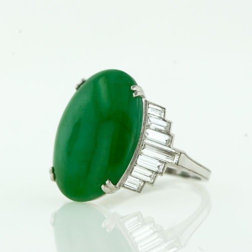 Art Deco Platinum Jade and Baguette Diamond Ring