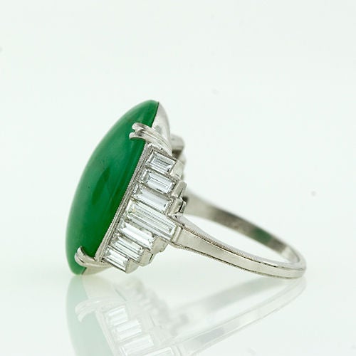 Women's Platinum Jade and Baguette Diamond Ring