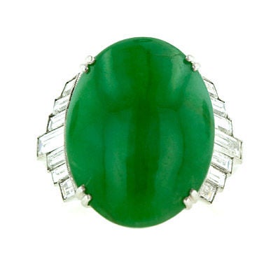 Platinum Jade and Baguette Diamond Ring