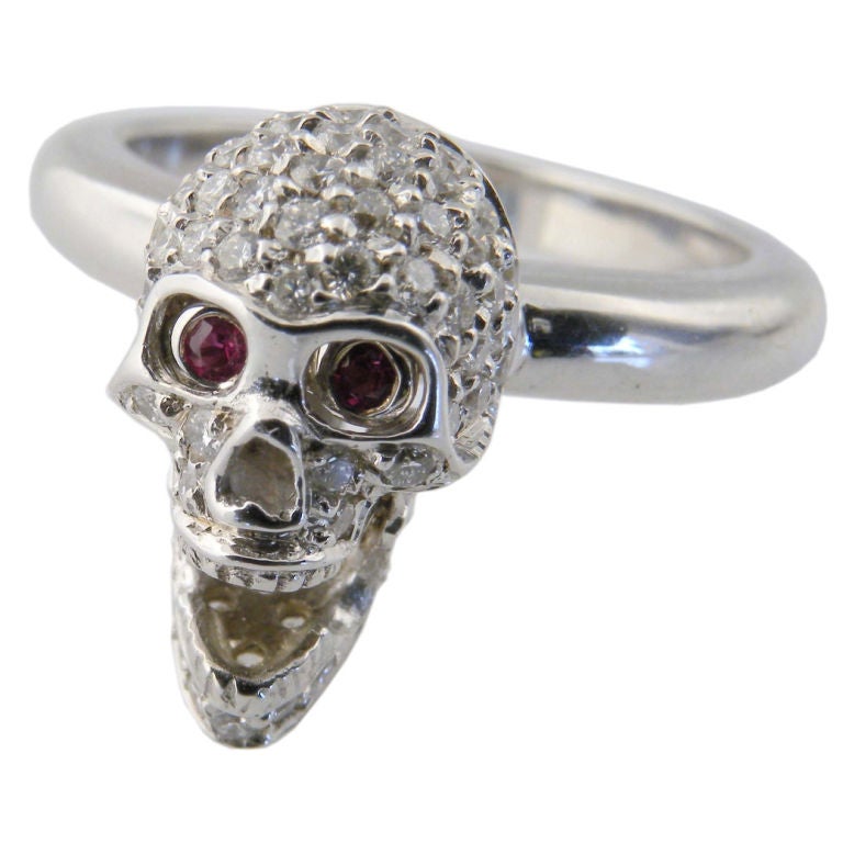 White Gold, Diamond and Ruby Skull Ring, Deakin & Francis For Sale