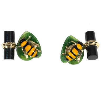 Enamel Jade Gold Bee Cufflinks
