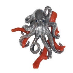 Platinum, sapphire and coral octopus brooch/Pendant