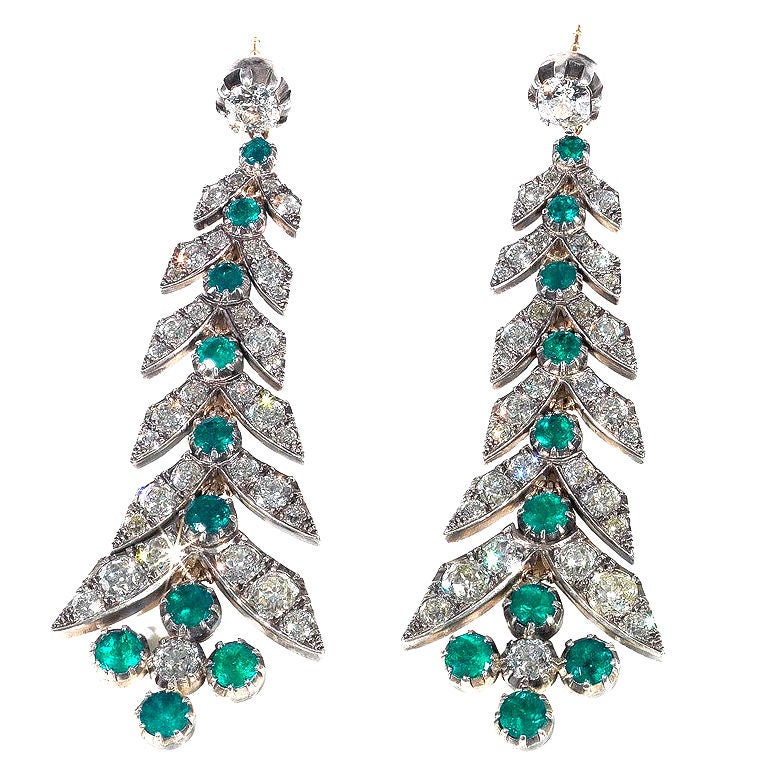 Pair Of Emerald And Diamond Pendent Earrings, Circa 1820