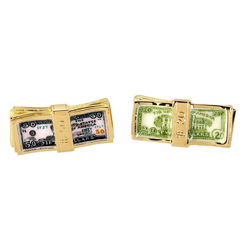Gold Hand-Painted Dollar Bill Cufflinks by DEAKIN & FRANCIS For Sale
