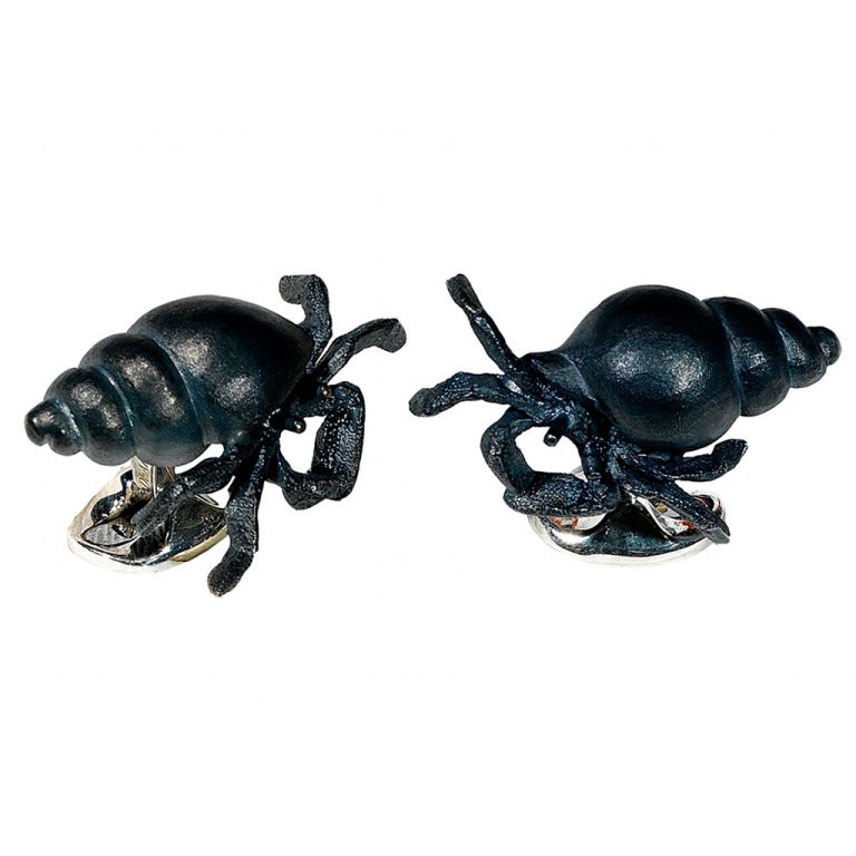 Deakin & Francis Black Enamel Silver Hermit Crab Cufflinks For Sale