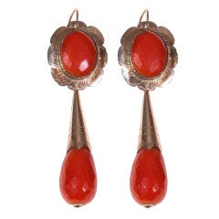 Pair of Antique Gold and Coral Pendant-Earrings