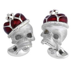 DEAKIN & FRANCIS Silver Skull Cufflinks with Red Enamel Crown