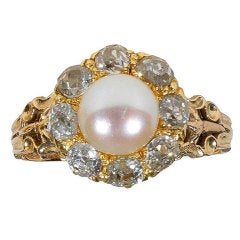 A Victorian Natural Pearl and Diamond Cluster Ring