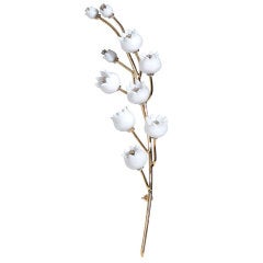Carved White Agate and Diamond Lily of the Valley Brooch