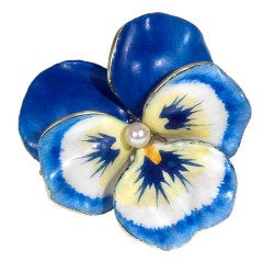 Antique Blue and White Enamel and Pearl Pansy Brooch