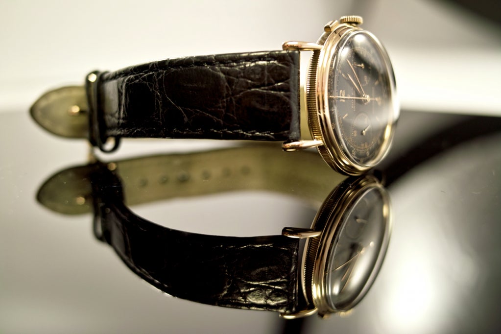 Rolex 18k rose gold chronograph wristwatch with black dial, Ref. 4062, Case Number 845132, circa 1951, cal. 13''' manual-wind movement with 17 jewels, black matte dial with Arabic and baton indexes, outer tachometer and telemeter scales, two